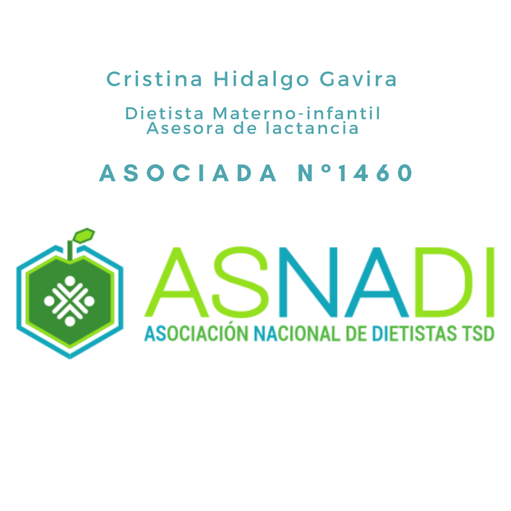 Certificación de Cristina Hidalgo Gavira como dietista materno-infantil y asesora de lactancia, asociada a ASNADI (Asociación Nacional de Dietistas TSD), número 1460.